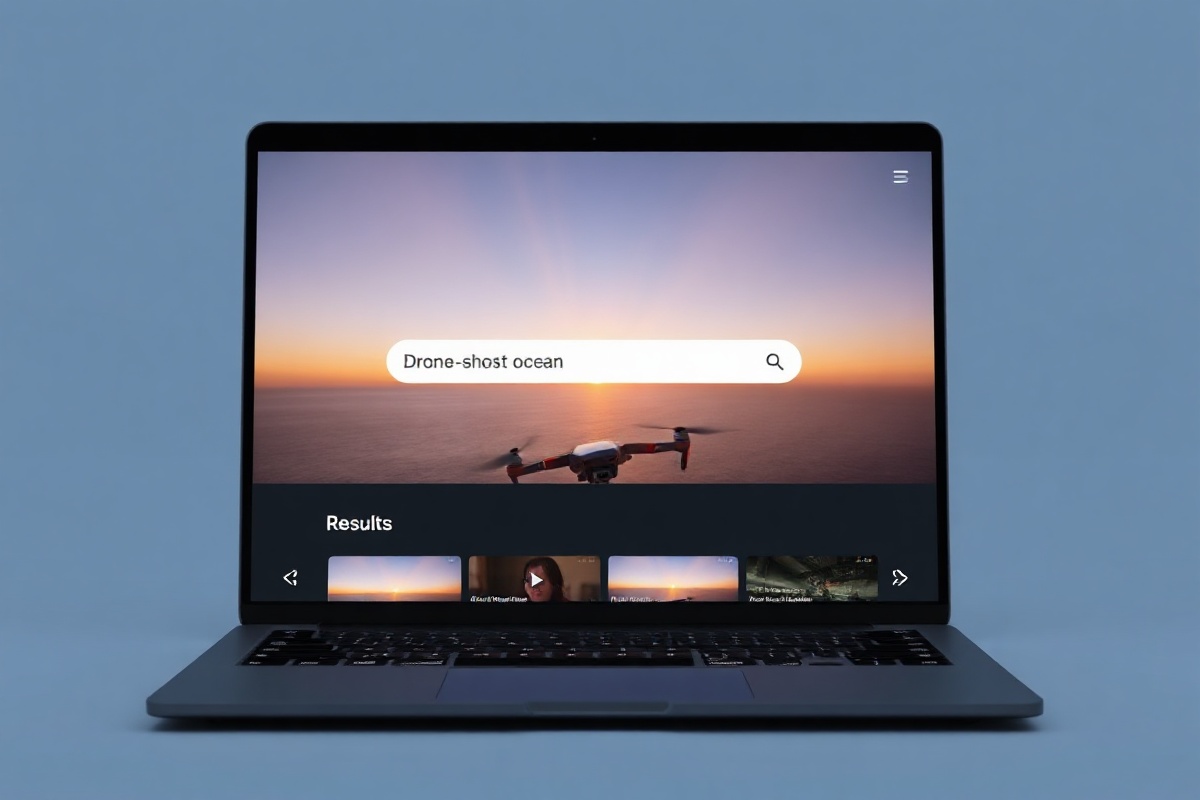 FrameFlow AI search interface displaying natural language query results with 4K video thumbnails, resolution badges, and frame-rate indicators